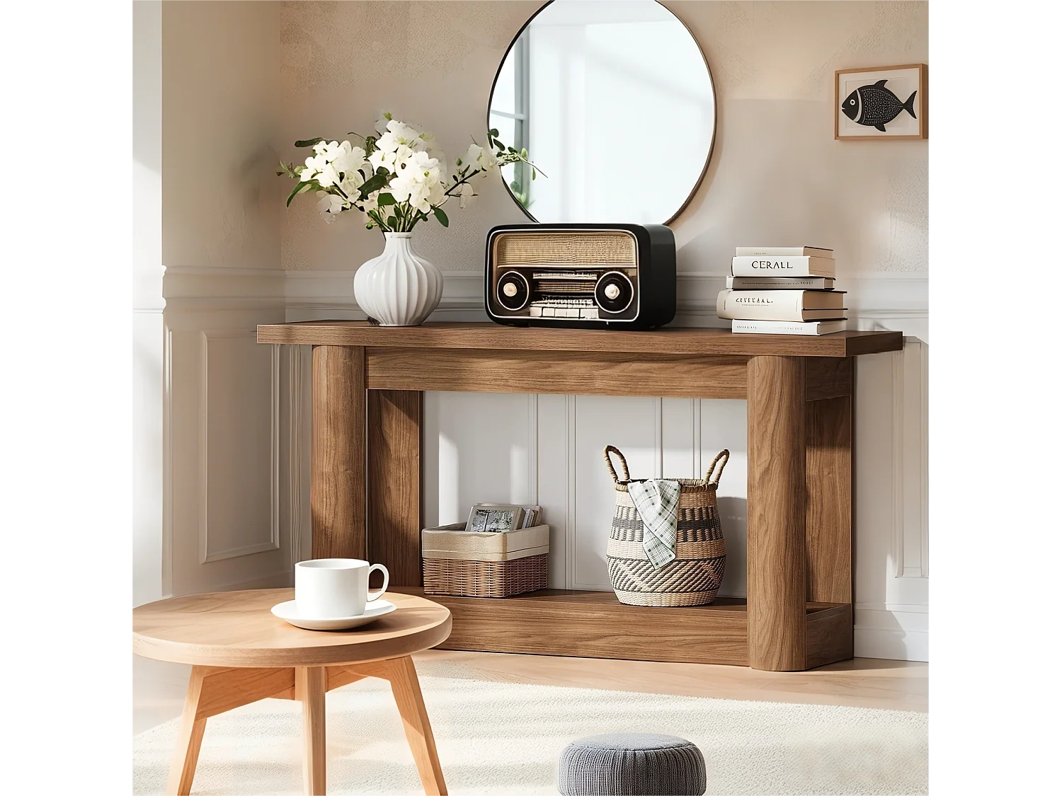 table console de 160 cm, couloir étroit, longue derrière le canapé, entrée 2 niveaux, couloir, salon, marron rustique