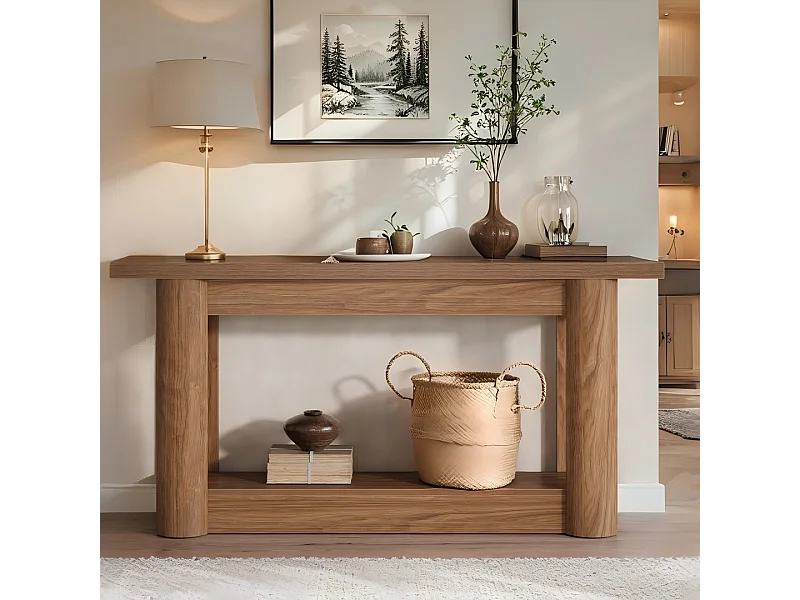 table console de 160 cm, couloir étroit, longue derrière le canapé, entrée 2 niveaux, couloir, salon, marron rustique
