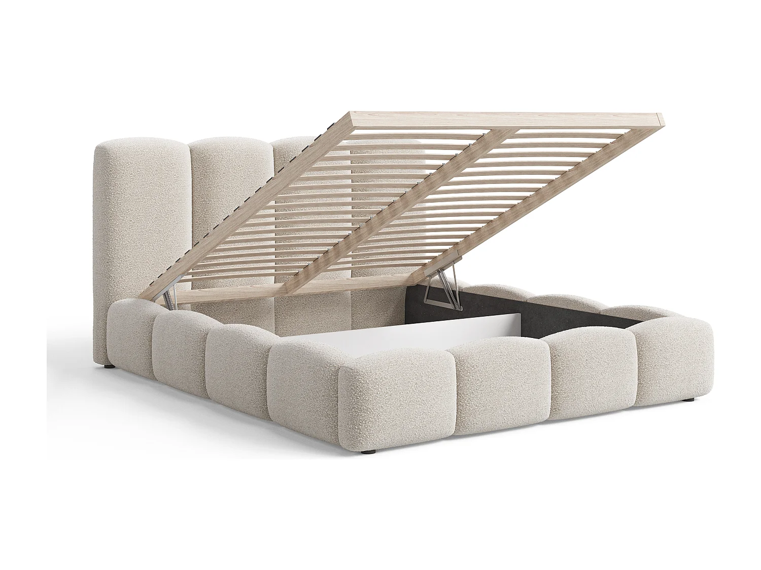 BESILIO Lit tapissé 120x200 Fluffy – lit nuage bouclé, lit avec coffre de rangement et sommier, mousse épaisse, lit coffre moderne pour chambre – Beige