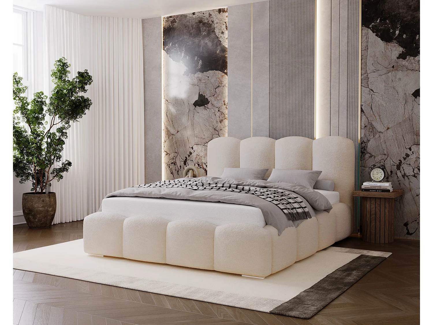 BESILIO Lit tapissé 120x200 Fluffy – lit nuage bouclé, lit avec coffre de rangement et sommier, mousse épaisse, lit coffre moderne pour chambre – Beige