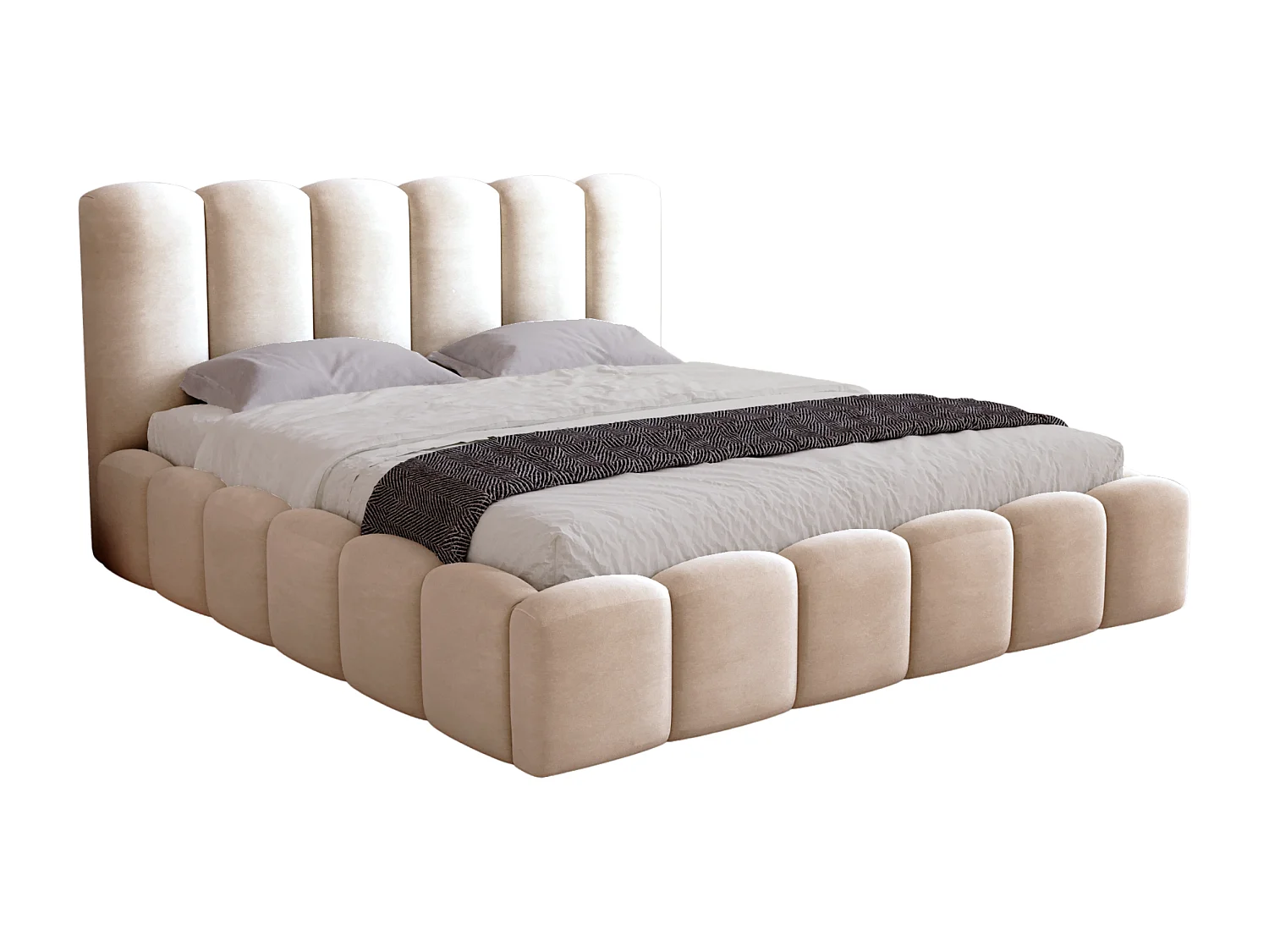 BESILIO Zacht gestoffeerd bed 180x200 Julien – bed met opbergruimte, afgerond design, dichte verticale banen – Beige