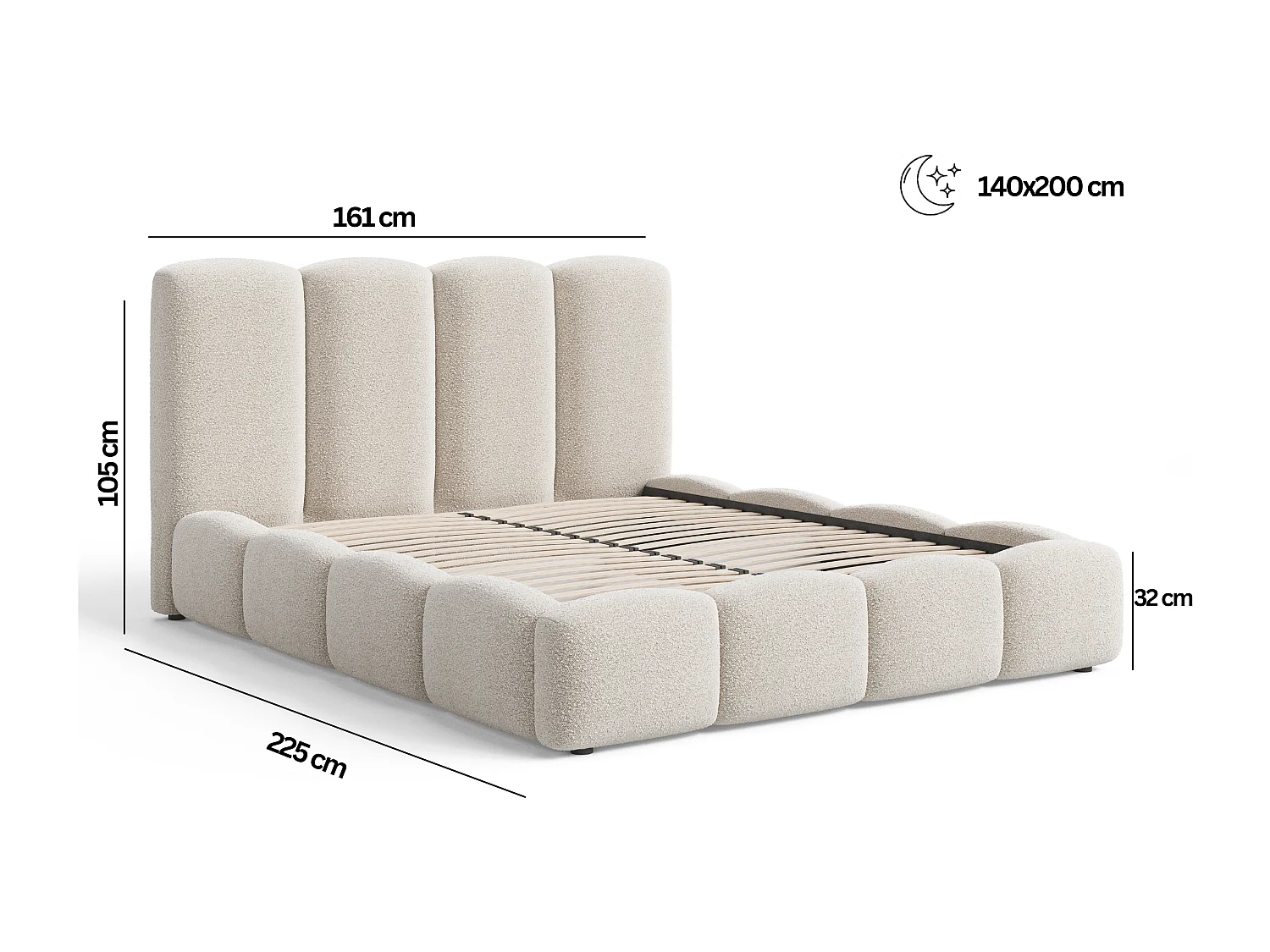 BESILIO Lit tapissé 140x200 Fluffy – lit nuage bouclé, lit avec coffre de rangement et sommier, mousse épaisse, lit coffre moderne pour chambre – Beige