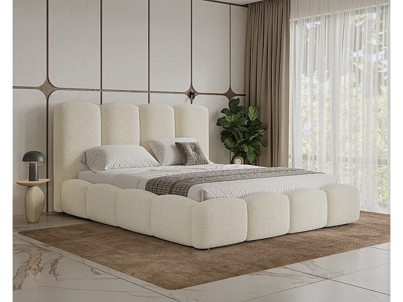 BESILIO Lit nuage avec coffre de rangement et sommier 140x200 Fluffy – lit tapissé en tissu bouclé/agneau, rembourrage épais en mousse – Beige