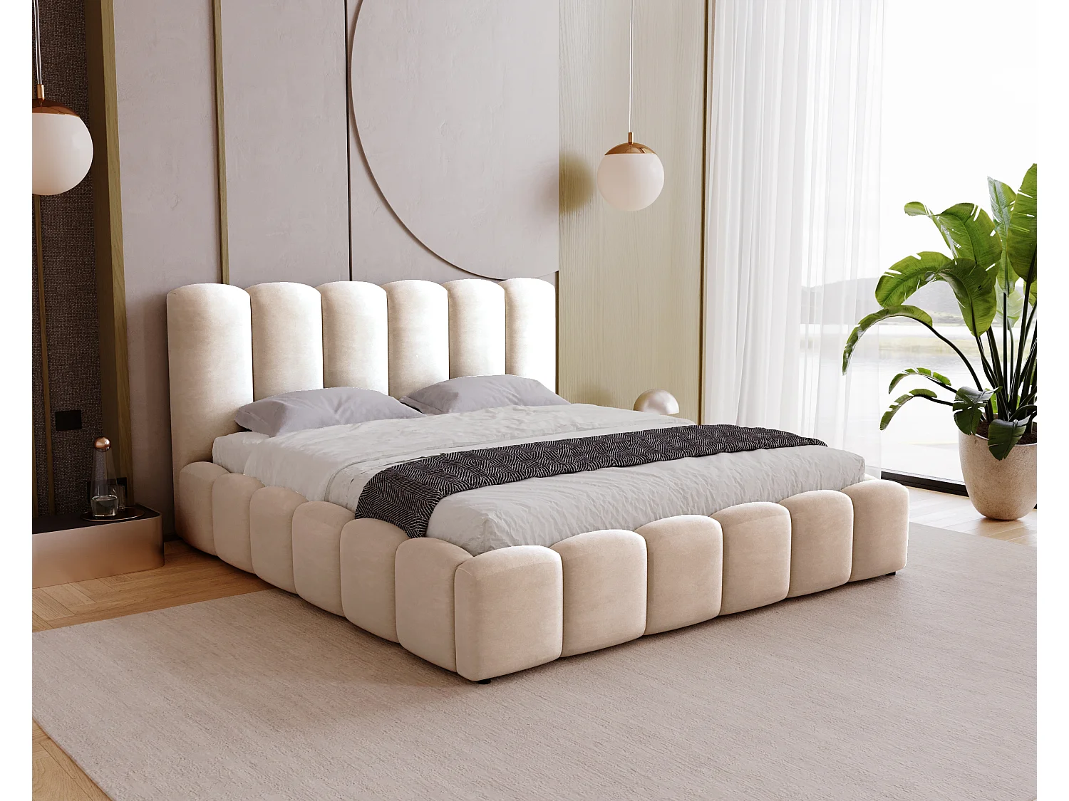 BESILIO Zacht gestoffeerd bed 120x200 Julien – bed met opbergruimte, afgerond design, dichte verticale banen – Beige