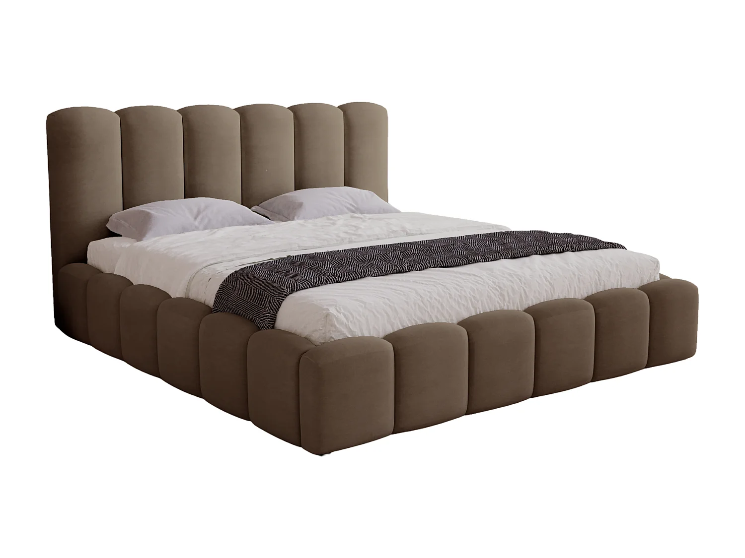 BESILIO Zacht gestoffeerd bed 200x200 Julien – bed met opbergruimte, afgerond design, dichte verticale banen – Bruin