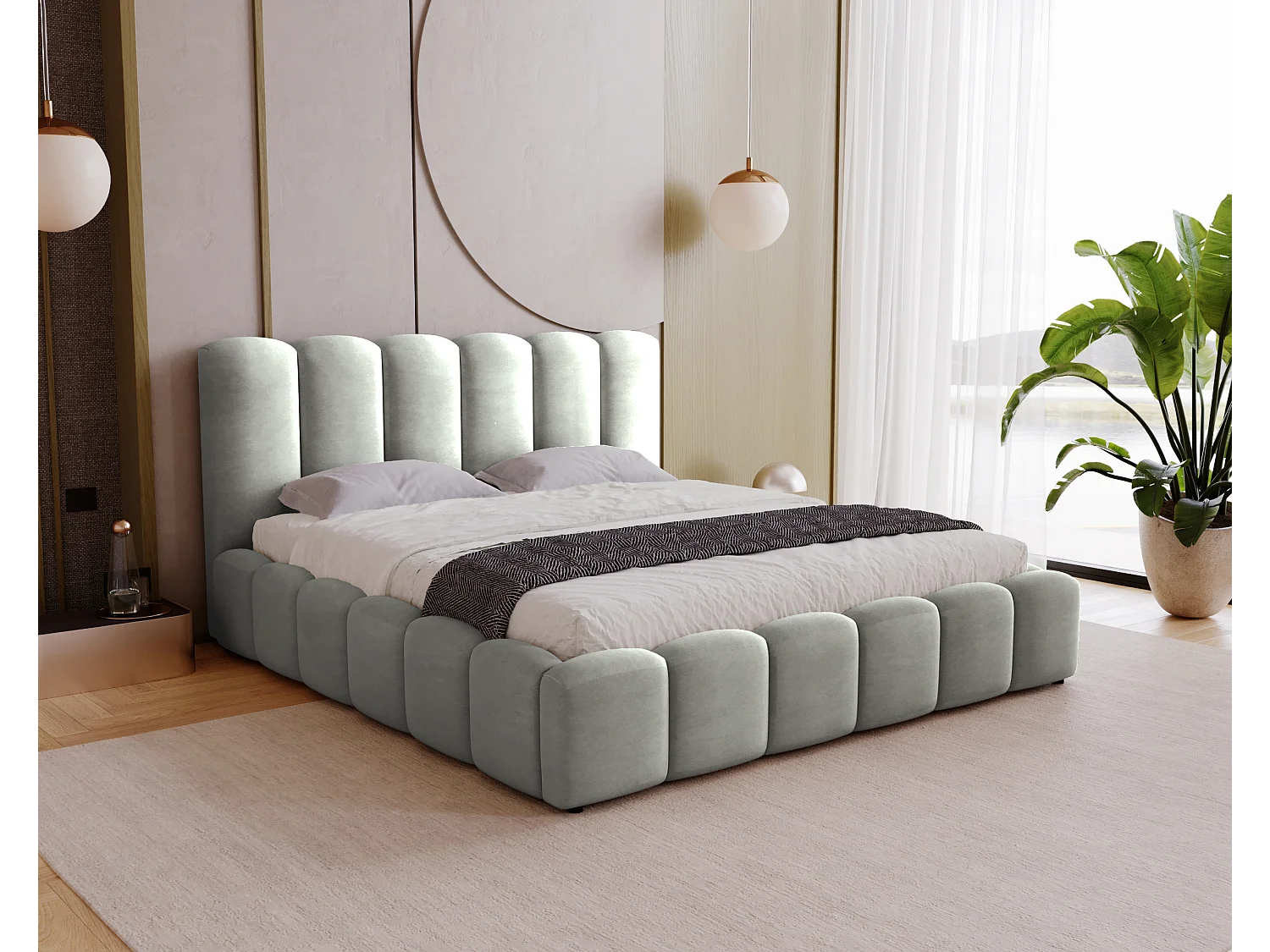 BESILIO Zacht gestoffeerd bed 160x200 Julien – bed met opbergruimte, afgerond design, dichte verticale banen – Grijs
