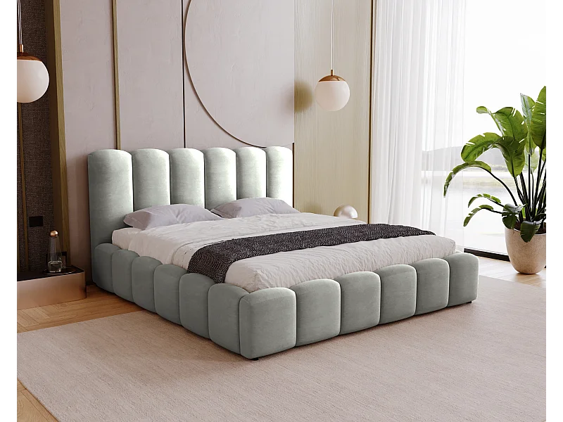 BESILIO Zacht gestoffeerd bed 160x200 Julien – bed met opbergruimte, afgerond design, dichte verticale banen – Grijs