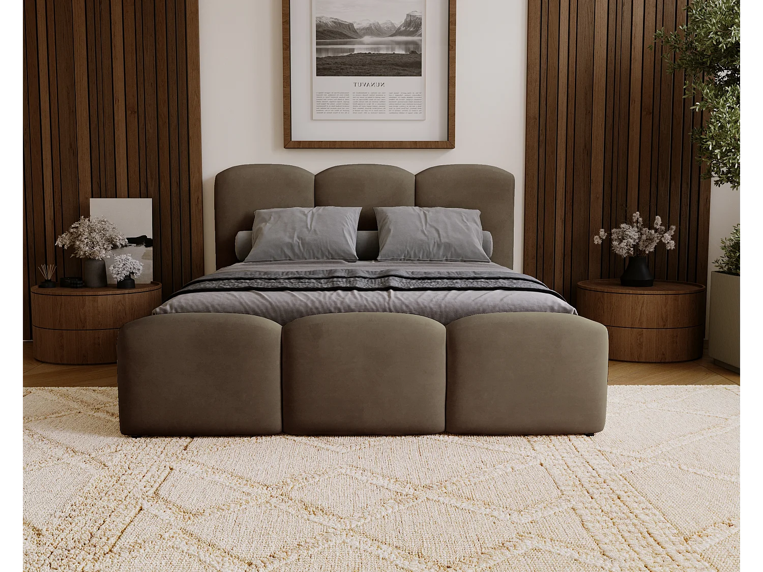 BESILIO Gestoffeerd slaapkamerbed 120x200 Camille – bed met opbergruimte en houten lattenbodem – Bruin