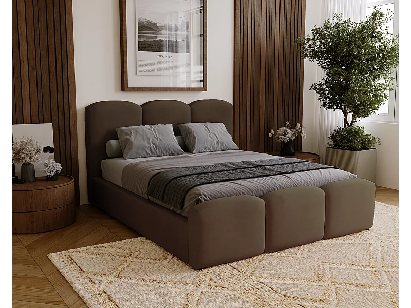 BESILIO Gepolstertes Schlafzimmerbett 120x200 Camille – Bett mit Stauraum und Holzlattenrost – Braun