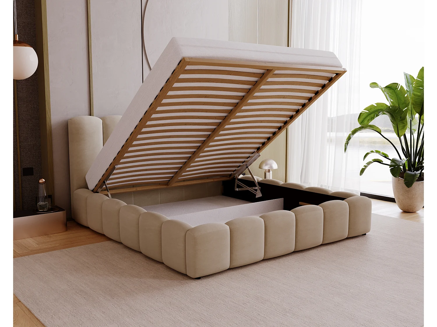 BESILIO Zacht gestoffeerd bed 120x200 Julien – bed met opbergruimte, afgerond design, dichte verticale banen – Bruin