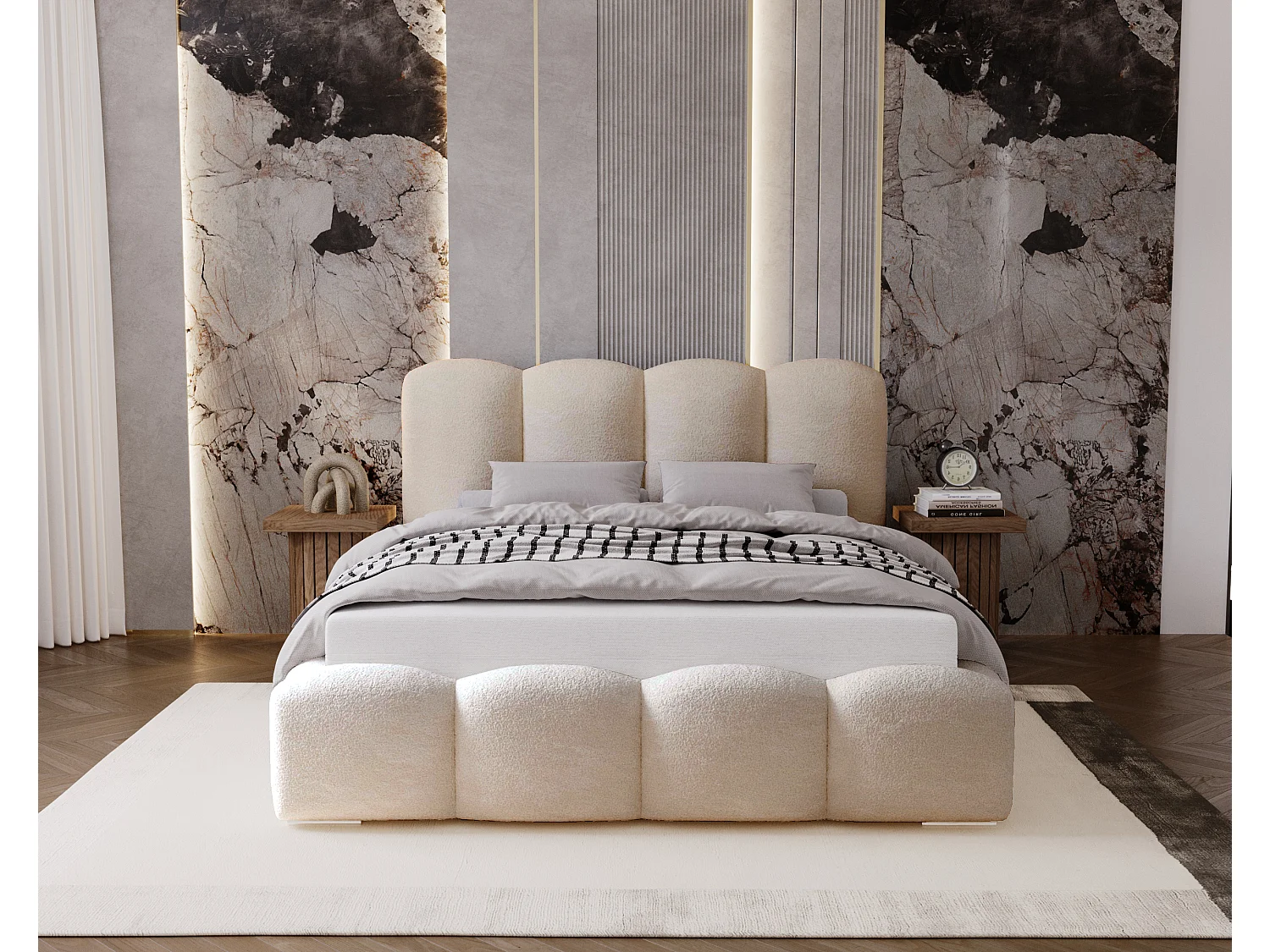 BESILIO Lit tapissé 180x200 Fluffy – lit nuage bouclé, lit avec coffre de rangement et sommier, mousse épaisse, lit coffre moderne pour chambre – Beige