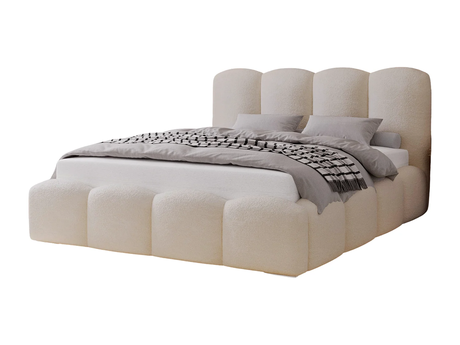 BESILIO Lit tapissé 180x200 Fluffy – lit nuage bouclé, lit avec coffre de rangement et sommier, mousse épaisse, lit coffre moderne pour chambre – Beige