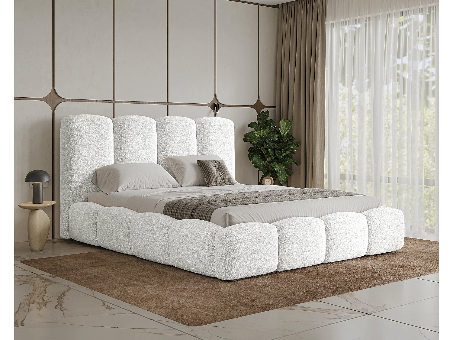 BESILIO Wolkenbed met opbergruimte en lattenbodem 120x200 Fluffy – gestoffeerd bed van bouclé-/teddystof, dikke schuimvulling – Wit