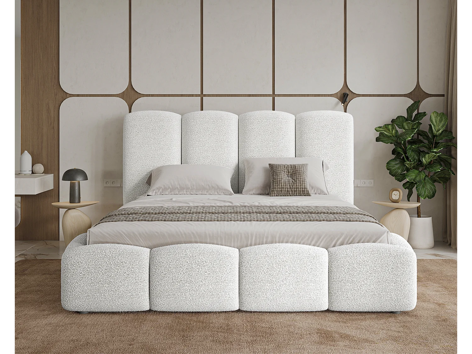 BESILIO Wolkenbed met opbergruimte en lattenbodem 120x200 Fluffy – gestoffeerd bed van bouclé-/teddystof, dikke schuimvulling – Wit