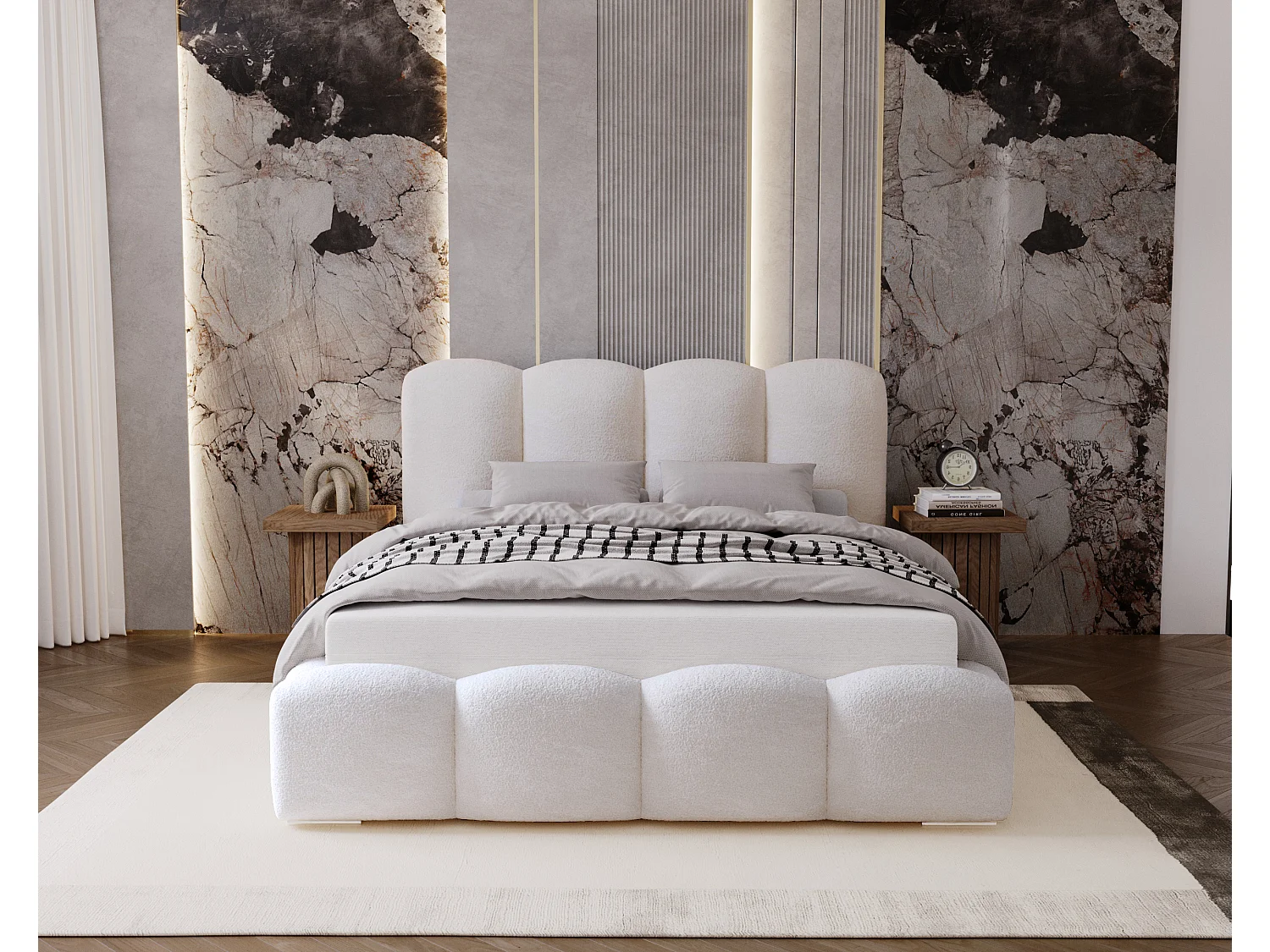 BESILIO Lit tapissé 120x200 Fluffy – lit nuage bouclé, lit avec coffre de rangement et sommier, mousse épaisse, lit coffre moderne pour chambre – Blanc