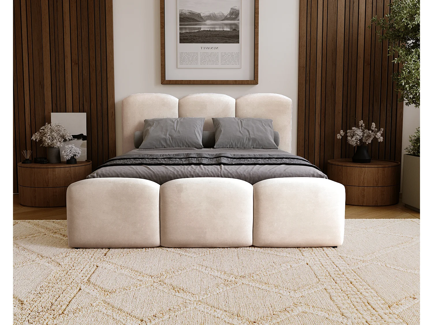 BESILIO Gestoffeerd slaapkamerbed 120x200 Camille – bed met opbergruimte en houten lattenbodem – Beige