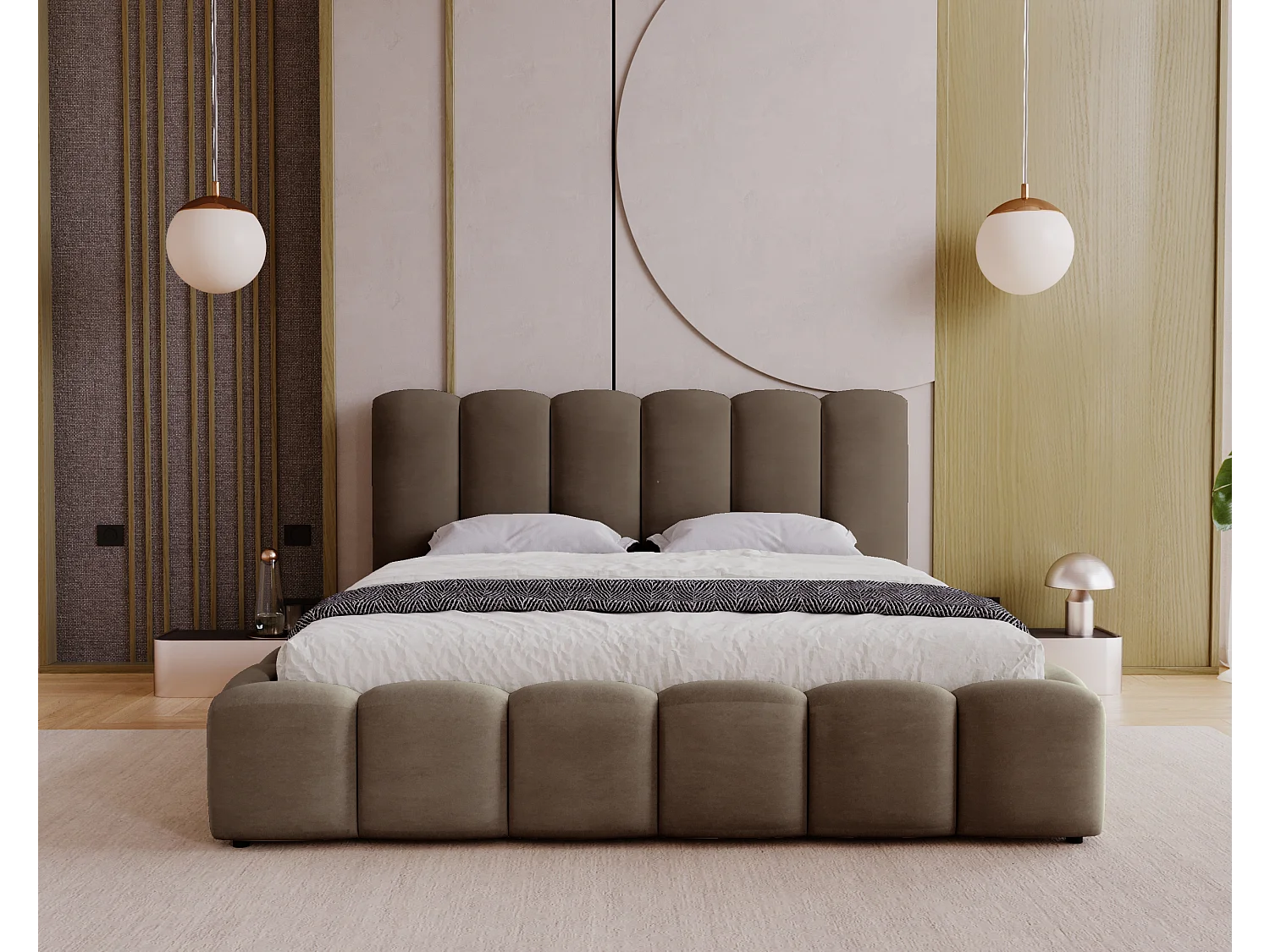 BESILIO Zacht gestoffeerd bed 180x200 Julien – bed met opbergruimte, afgerond design, dichte verticale banen – Bruin