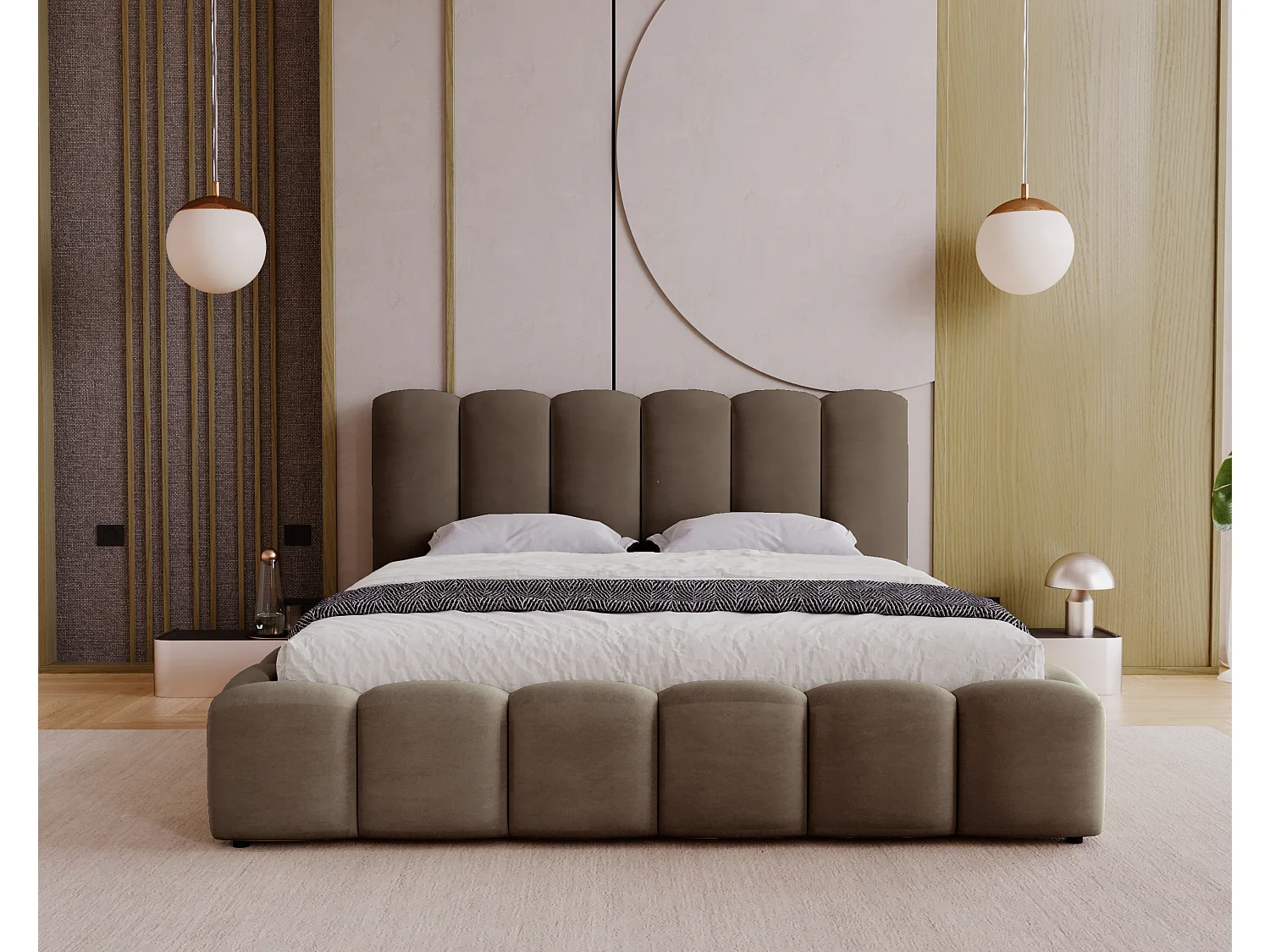 BESILIO Zacht gestoffeerd bed 180x200 Julien – bed met opbergruimte, afgerond design, dichte verticale banen – Bruin