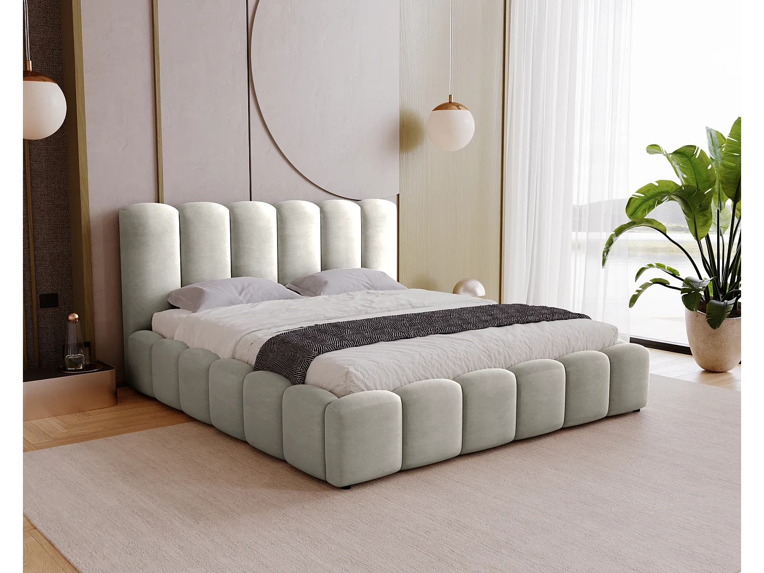 BESILIO Zacht gestoffeerd bed 200x200 Julien – bed met opbergruimte, afgerond design, dichte verticale banen – Lichtgrijs