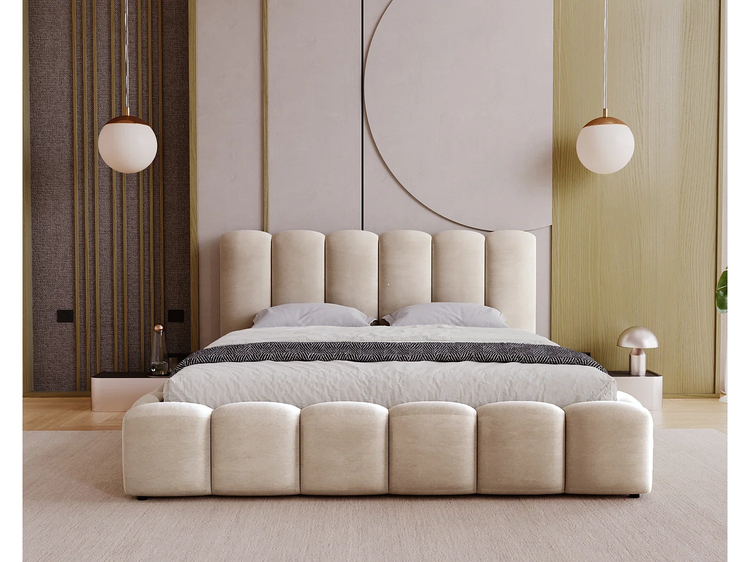 BESILIO Zacht gestoffeerd bed 140x200 Julien – bed met opbergruimte, afgerond design, dichte verticale banen – Beige