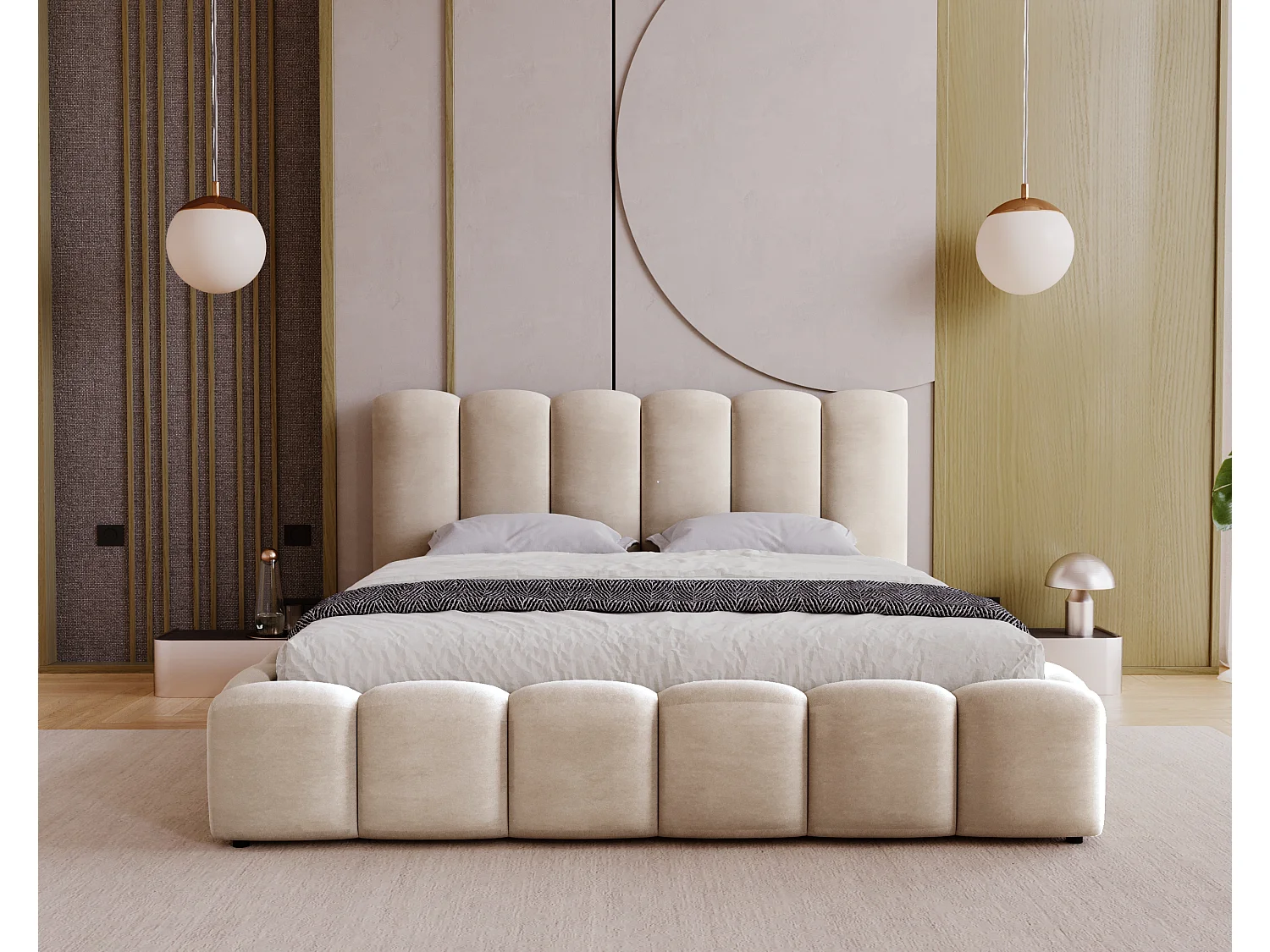 BESILIO Zacht gestoffeerd bed 140x200 Julien – bed met opbergruimte, afgerond design, dichte verticale banen – Beige