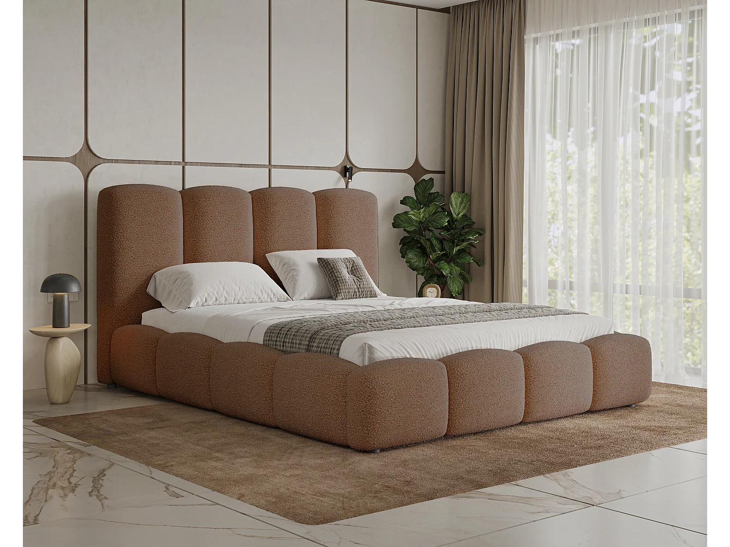 BESILIO Wolkenbed met opbergruimte en lattenbodem 180x200 Fluffy – gestoffeerd bed van bouclé-/teddystof, dikke schuimvulling – Bruin