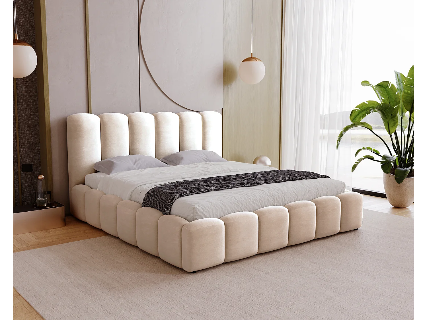 BESILIO Zacht gestoffeerd bed 160x200 Julien – bed met opbergruimte, afgerond design, dichte verticale banen – Beige