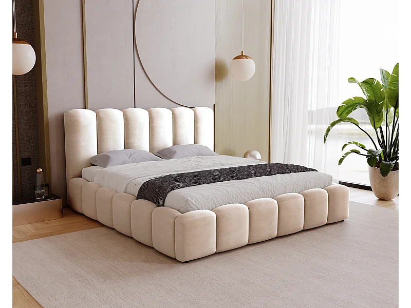 BESILIO Lit tapissé doux 160x200 Julien – lit avec coffre de rangement, forme arrondie, larges bandes verticales rapprochées – Beige