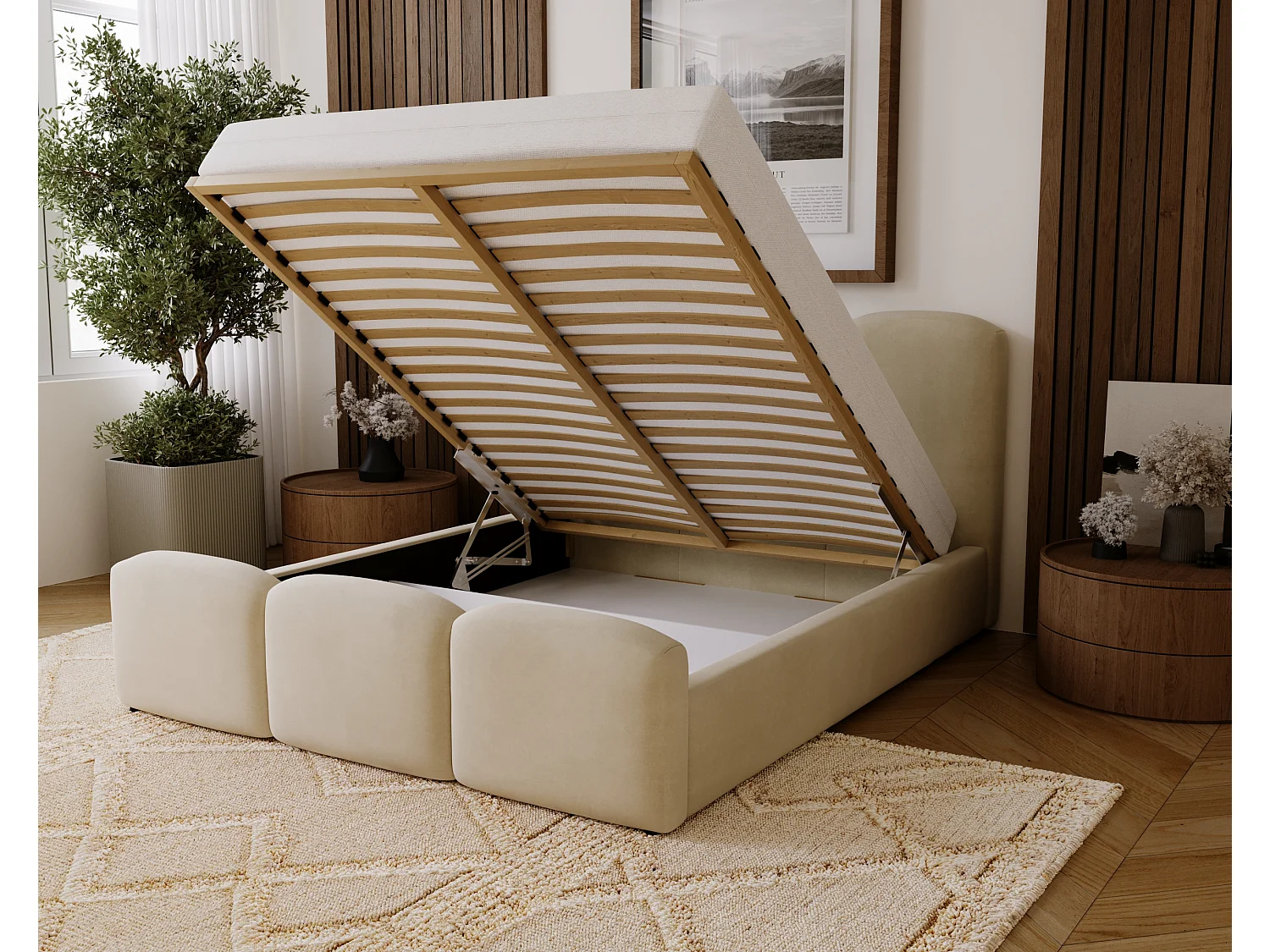 BESILIO Gestoffeerd slaapkamerbed 140x200 Camille – bed met opbergruimte en houten lattenbodem – Bruin