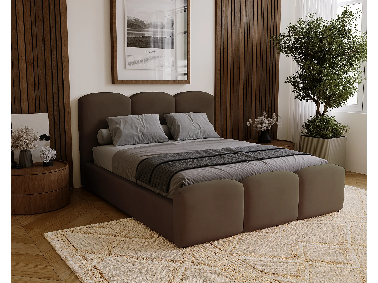 BESILIO Gestoffeerd slaapkamerbed 140x200 Camille – bed met opbergruimte en houten lattenbodem – Bruin