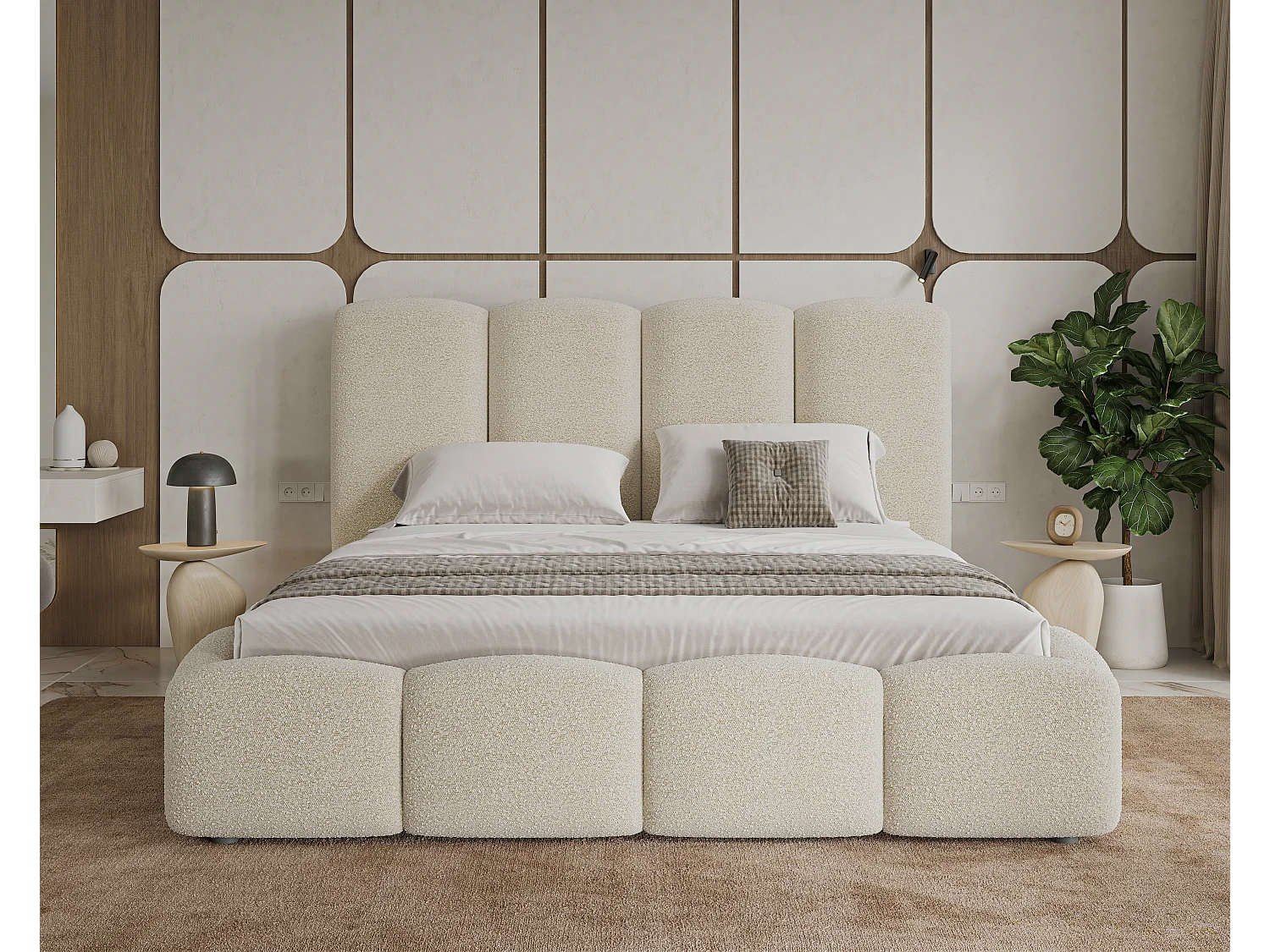 BESILIO Wolkenbed met opbergruimte en lattenbodem 160x200 Fluffy – gestoffeerd bed van bouclé-/teddystof, dikke schuimvulling – Beige