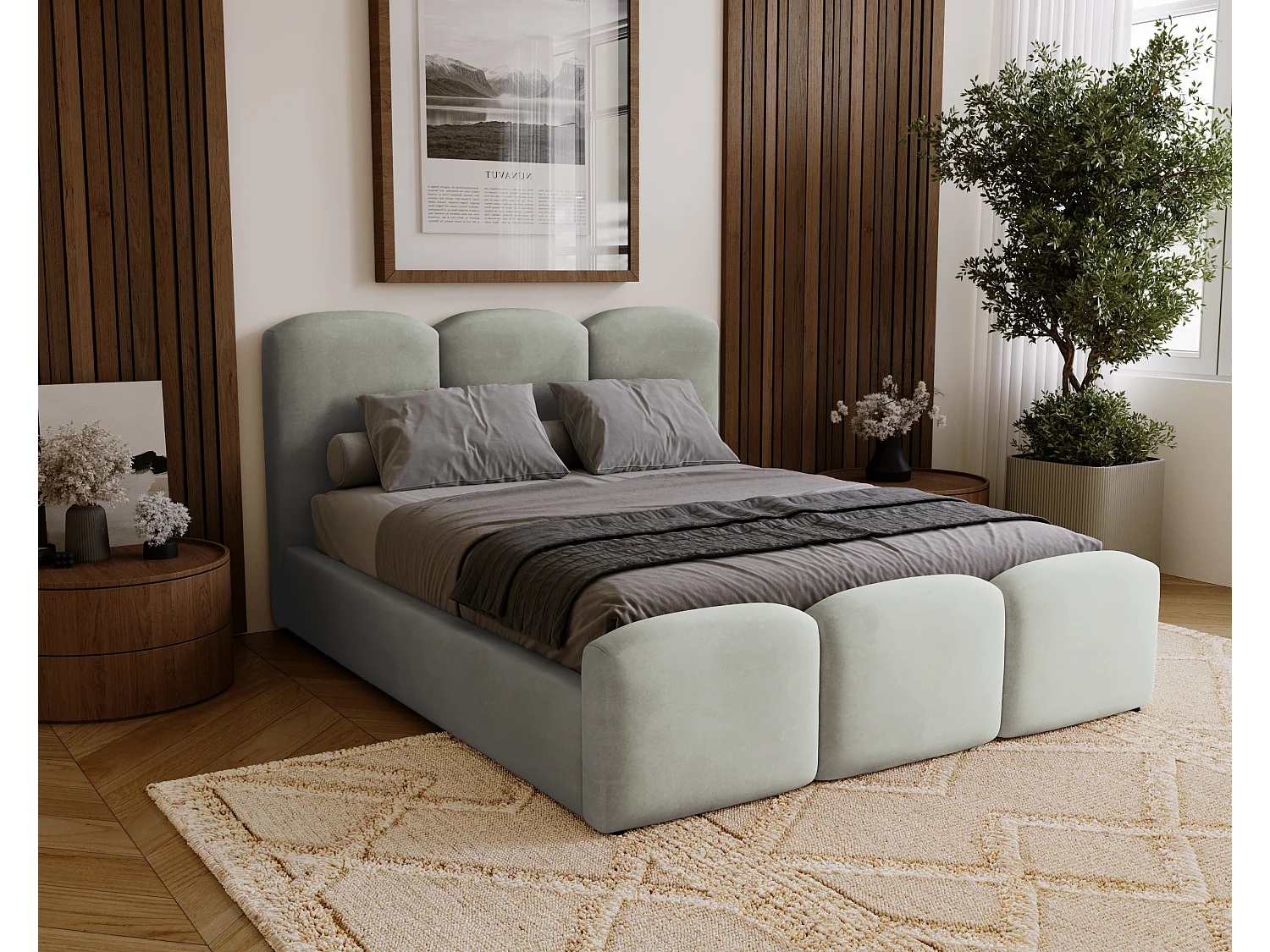 BESILIO Gestoffeerd slaapkamerbed 200x200 Camille – bed met opbergruimte en houten lattenbodem – Grijs