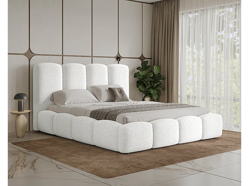 BESILIO Łóżko chmurka z pojemnikiem i stelażem 200x200 Fluffy - łóżko tapicerowane tkanina boucle/baranek, łóżko gruba pianka - Biały