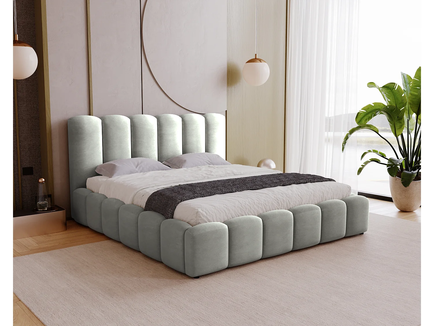 BESILIO Zacht gestoffeerd bed 200x200 Julien – bed met opbergruimte, afgerond design, dichte verticale banen – Grijs