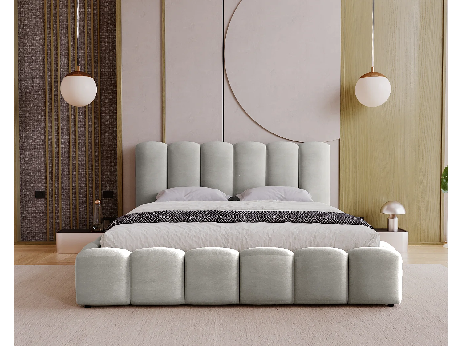 BESILIO Zacht gestoffeerd bed 180x200 Julien – bed met opbergruimte, afgerond design, dichte verticale banen – Lichtgrijs