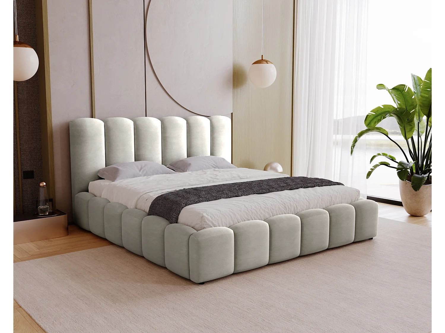 BESILIO Zacht gestoffeerd bed 180x200 Julien – bed met opbergruimte, afgerond design, dichte verticale banen – Lichtgrijs
