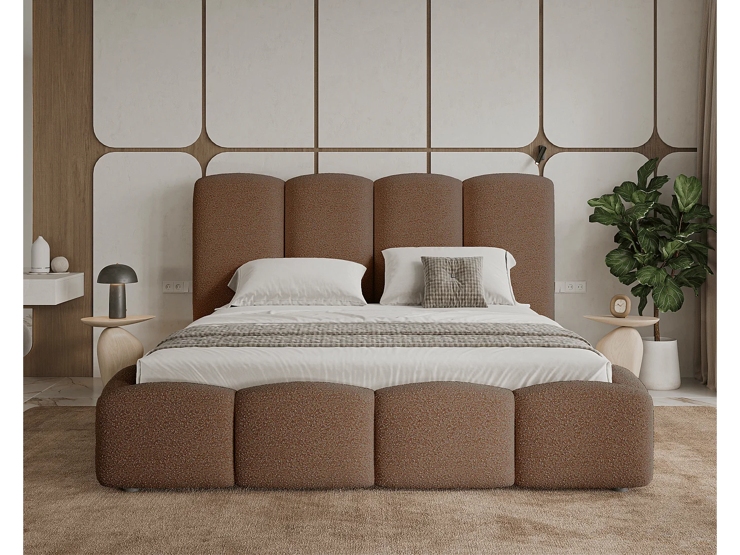 BESILIO Wolkenbed met opbergruimte en lattenbodem 140x200 Fluffy – gestoffeerd bed van bouclé-/teddystof, dikke schuimvulling – Bruin