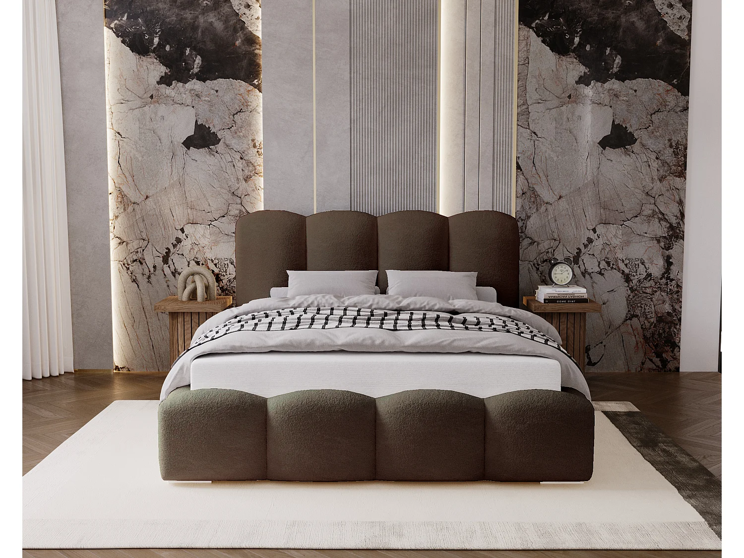 BESILIO Lit tapissé 120x200 Fluffy – lit nuage bouclé, lit avec coffre de rangement et sommier, mousse épaisse, lit coffre moderne pour chambre – Marron