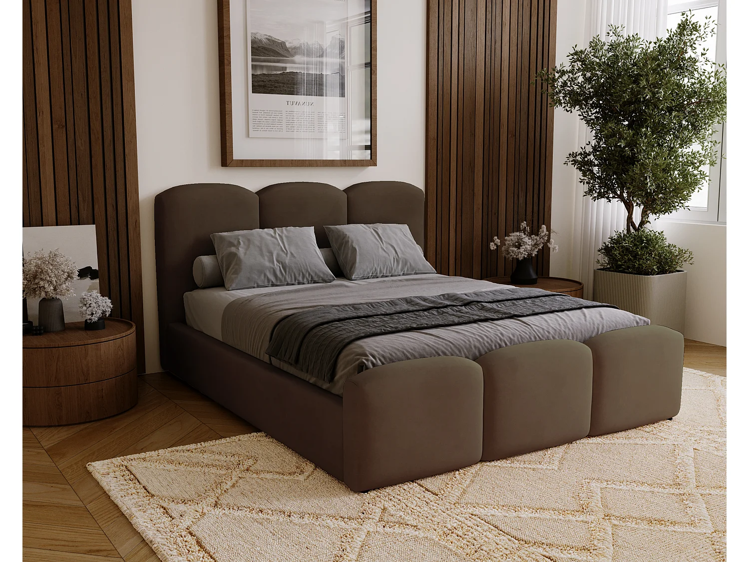 BESILIO Gestoffeerd slaapkamerbed 180x200 Camille – bed met opbergruimte en houten lattenbodem – Bruin