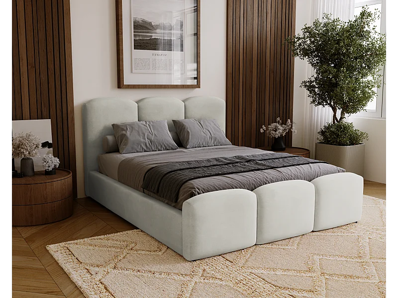 BESILIO Gepolstertes Schlafzimmerbett 180x200 Camille – Bett mit Stauraum und Holzlattenrost – Hellgrau