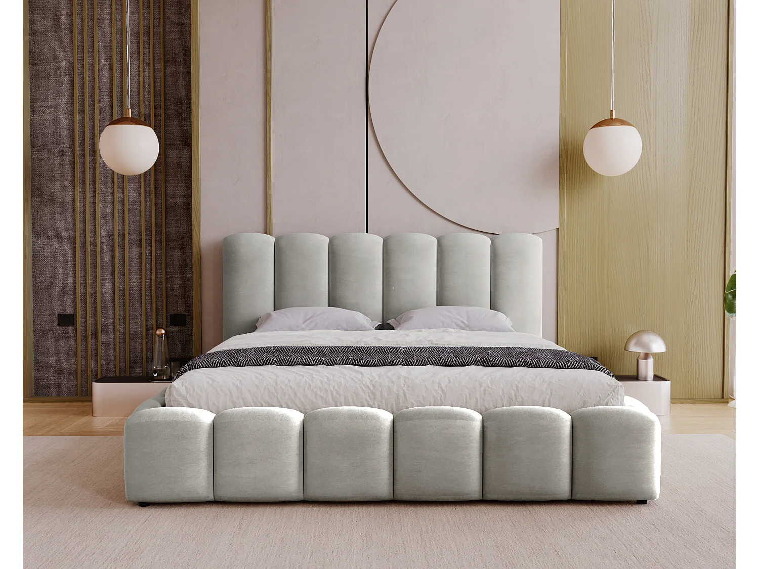 BESILIO Zacht gestoffeerd bed 120x200 Julien – bed met opbergruimte, afgerond design, dichte verticale banen – Lichtgrijs