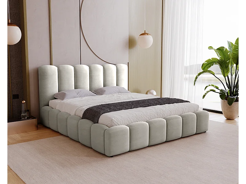 BESILIO Weiches Polsterbett 120x200 Julien – Bett mit Stauraum, abgerundetes Design, dichte vertikale Steppnähte – Hellgrau