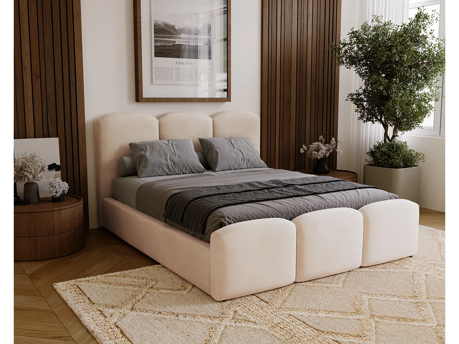 BESILIO Gestoffeerd slaapkamerbed 200x200 Camille – bed met opbergruimte en houten lattenbodem – Beige