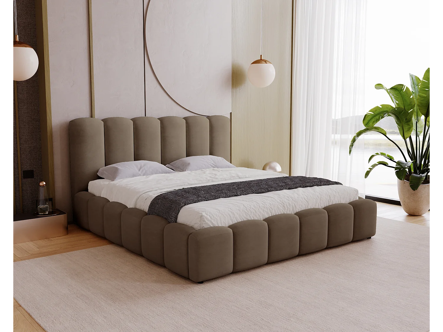 BESILIO Zacht gestoffeerd bed 160x200 Julien – bed met opbergruimte, afgerond design, dichte verticale banen – Bruin