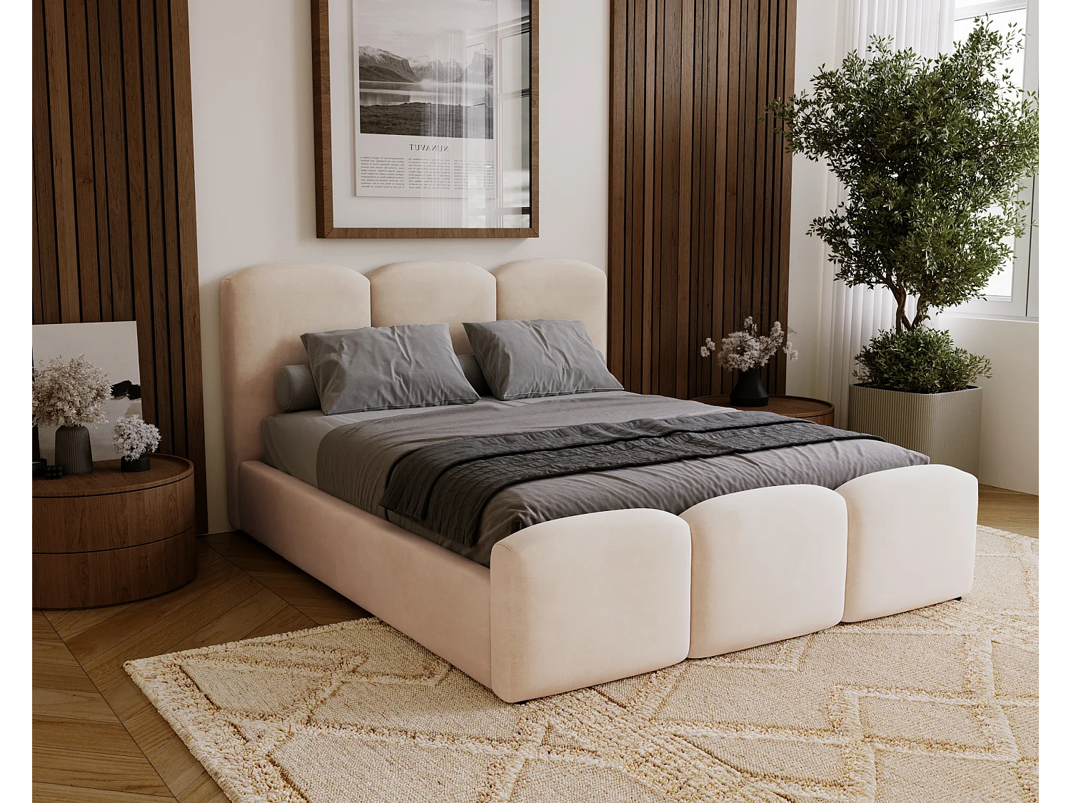 BESILIO Gestoffeerd slaapkamerbed 140x200 Camille – bed met opbergruimte en houten lattenbodem – Beige