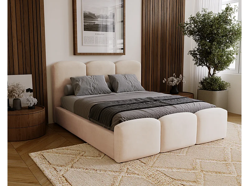 BESILIO Gepolstertes Schlafzimmerbett 140x200 Camille – Bett mit Stauraum und Holzlattenrost – Beige