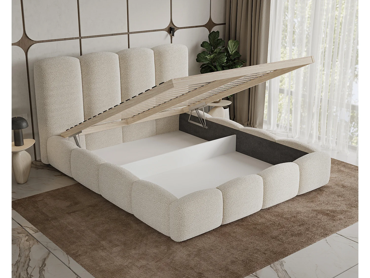 BESILIO Wolkenbed met opbergruimte en lattenbodem 160x200 Fluffy – gestoffeerd bed van bouclé-/teddystof, dikke schuimvulling – Wit