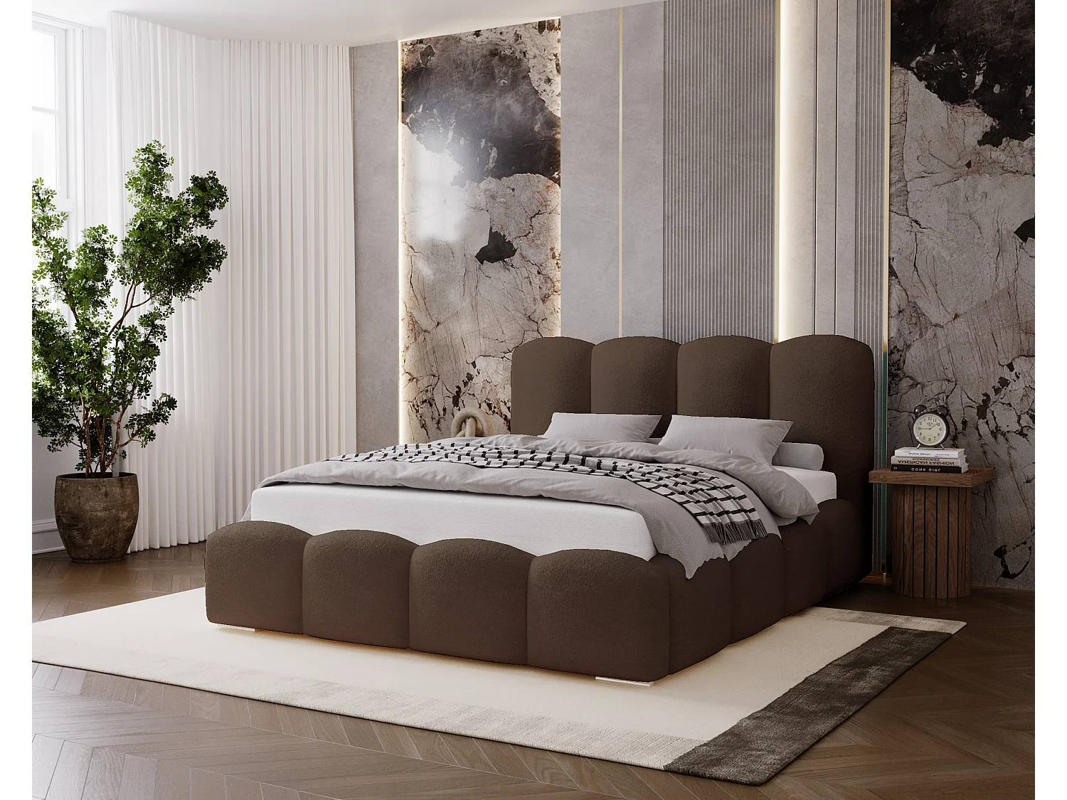 BESILIO Lit tapissé 200x200 Fluffy – lit nuage bouclé, lit avec coffre de rangement et sommier, mousse épaisse, lit coffre moderne pour chambre – Marron