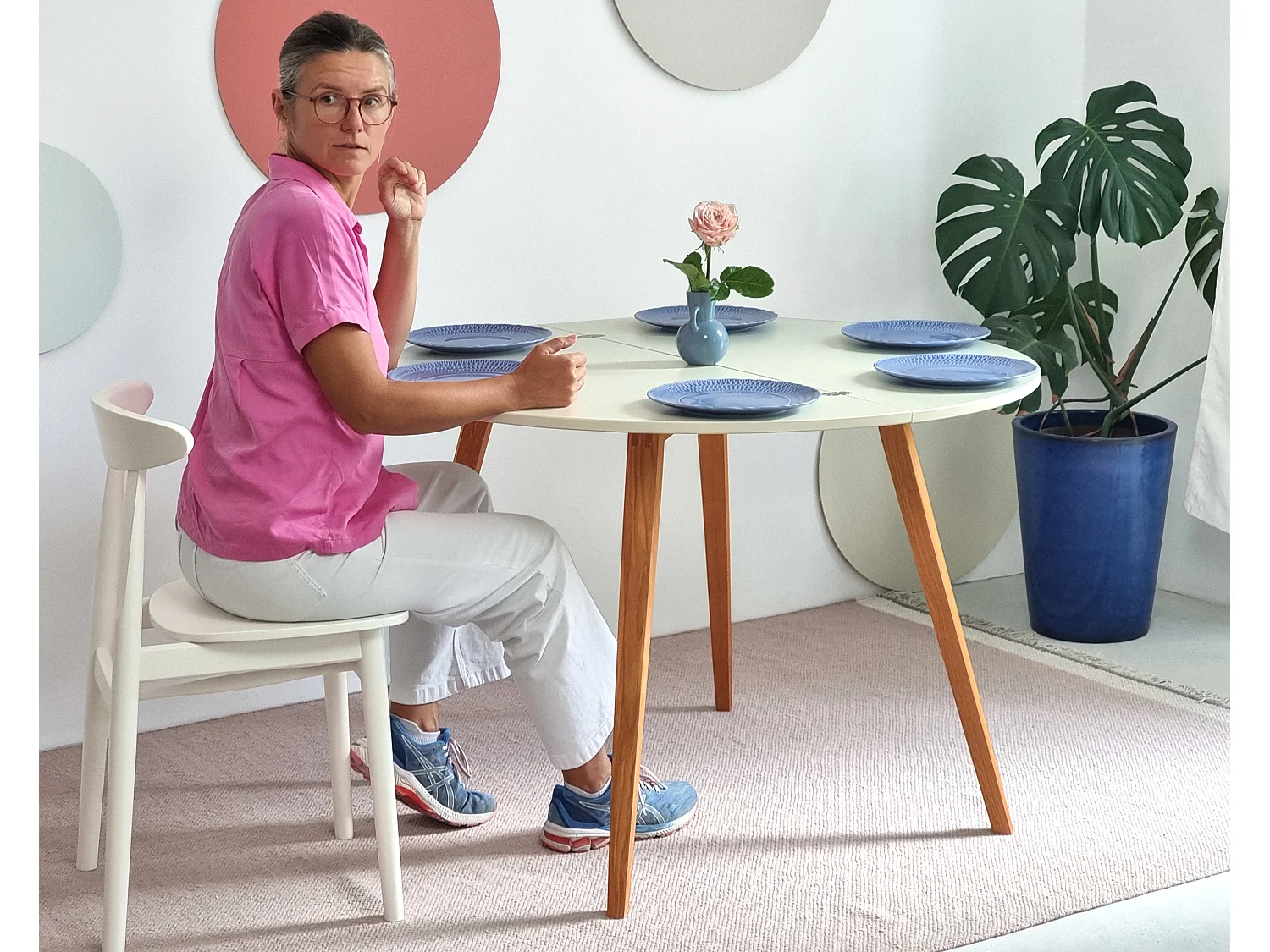 Table de salle à manger demi-ronde extensible 110 cm Mawi Beige Brun