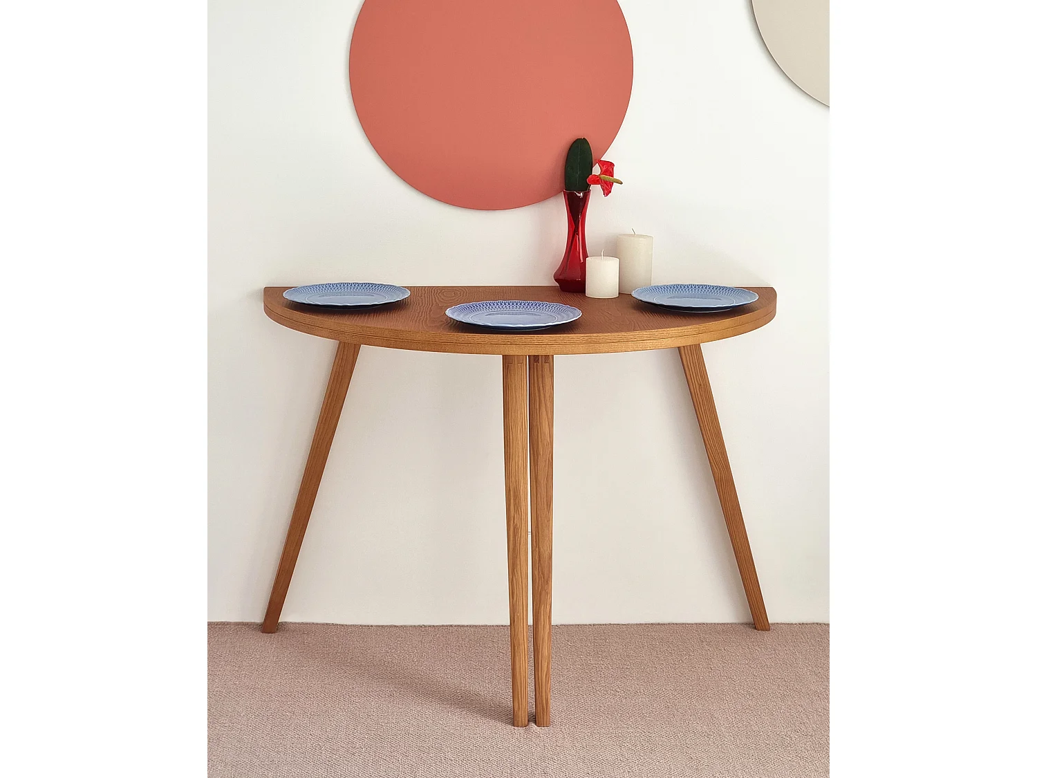 Table de salle à manger demi-ronde extensible 110 cm Mawi Chêne